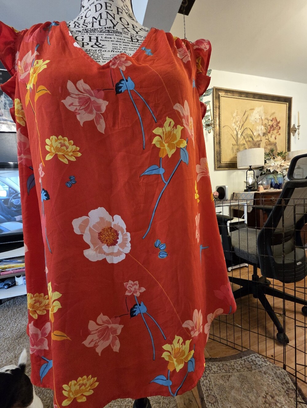 LOFT Red Floral Short-Sleeve V-Neck Blouse